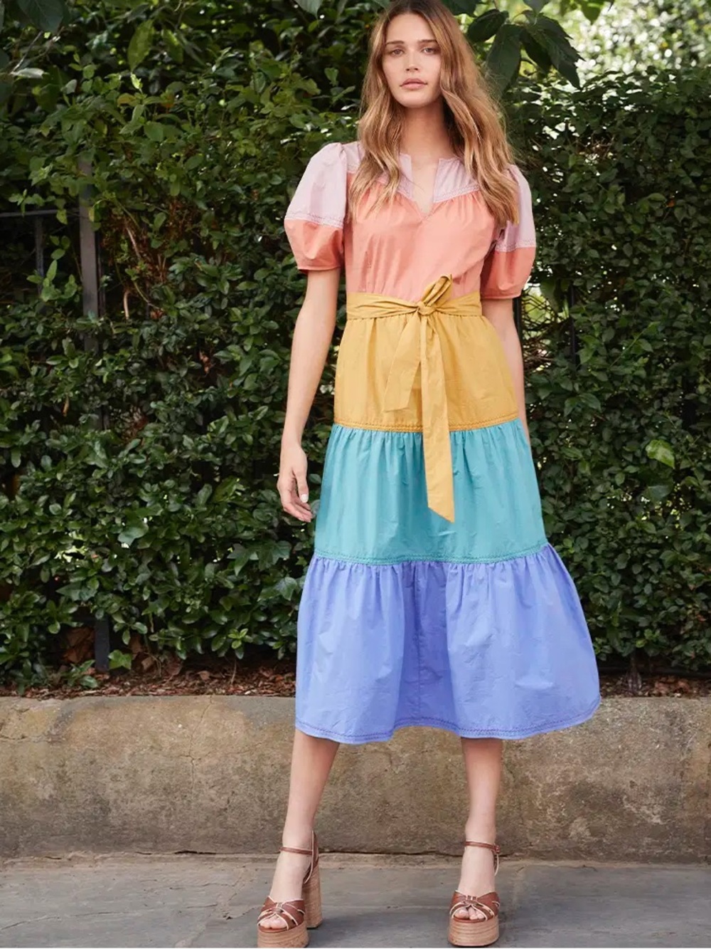 Tiered Colorblock Midi Dress in Peach, Yellow, Teal & Periwinkle